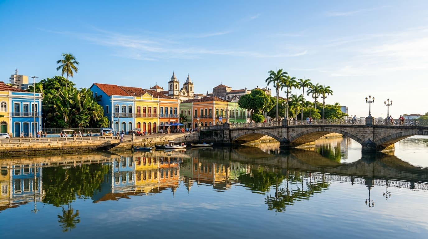 Vista matutina do Cais da Aurora e pontes históricas do Recife