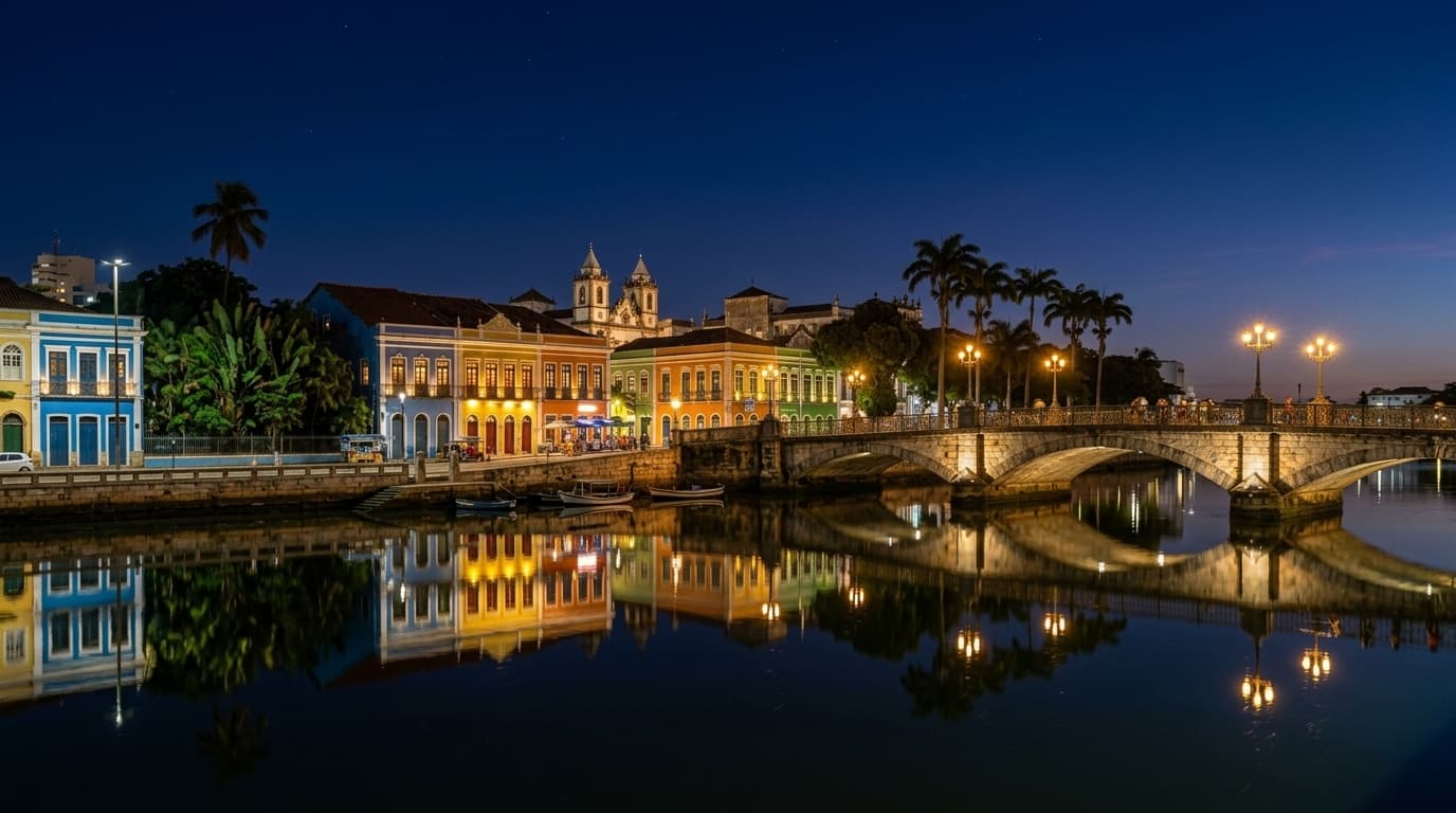 Vista noturna cinematográfica do Cais da Aurora e pontes iluminadas do Recife